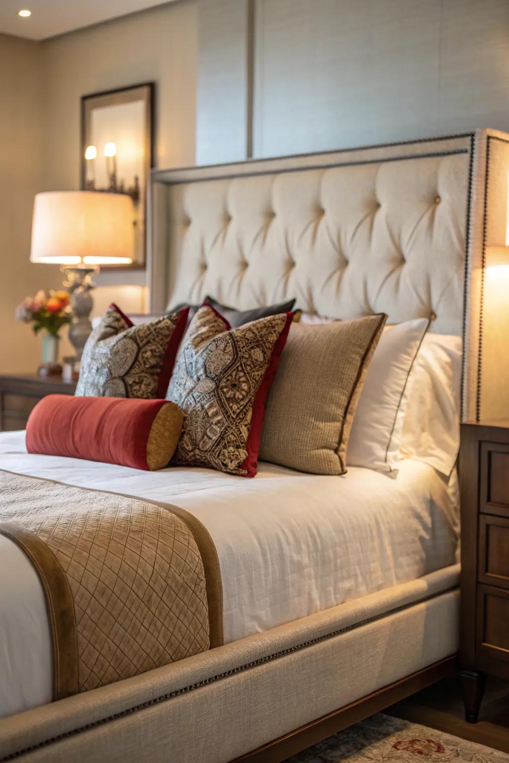 Accent pillows add layers and interest to the upholstered bed.