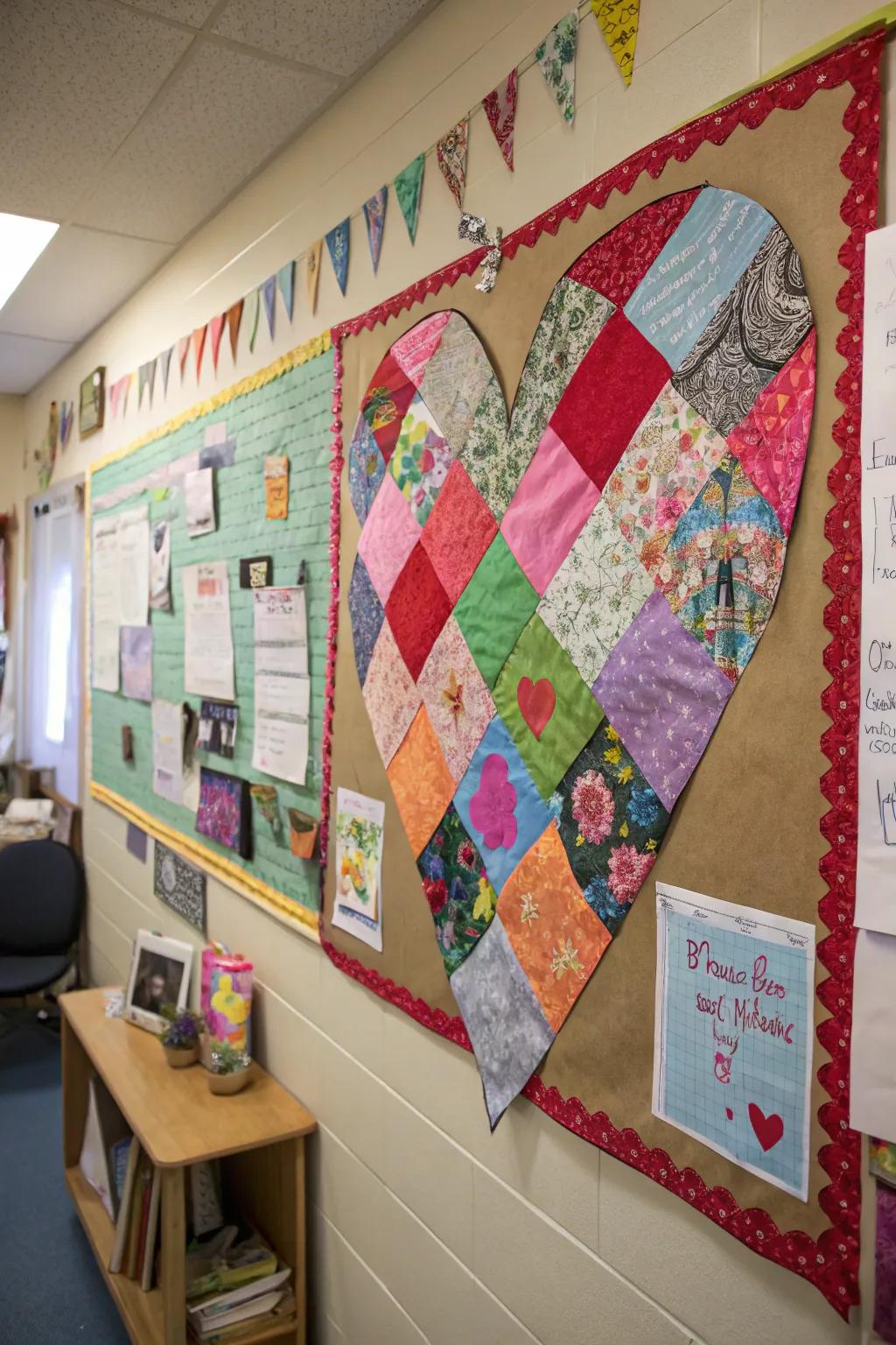 A Patchwork Heart bulletin board crafted from colorful fabric or paper.