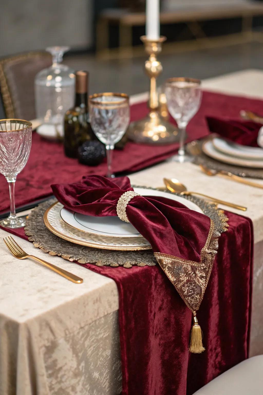 Velvet elements add a touch of luxury.