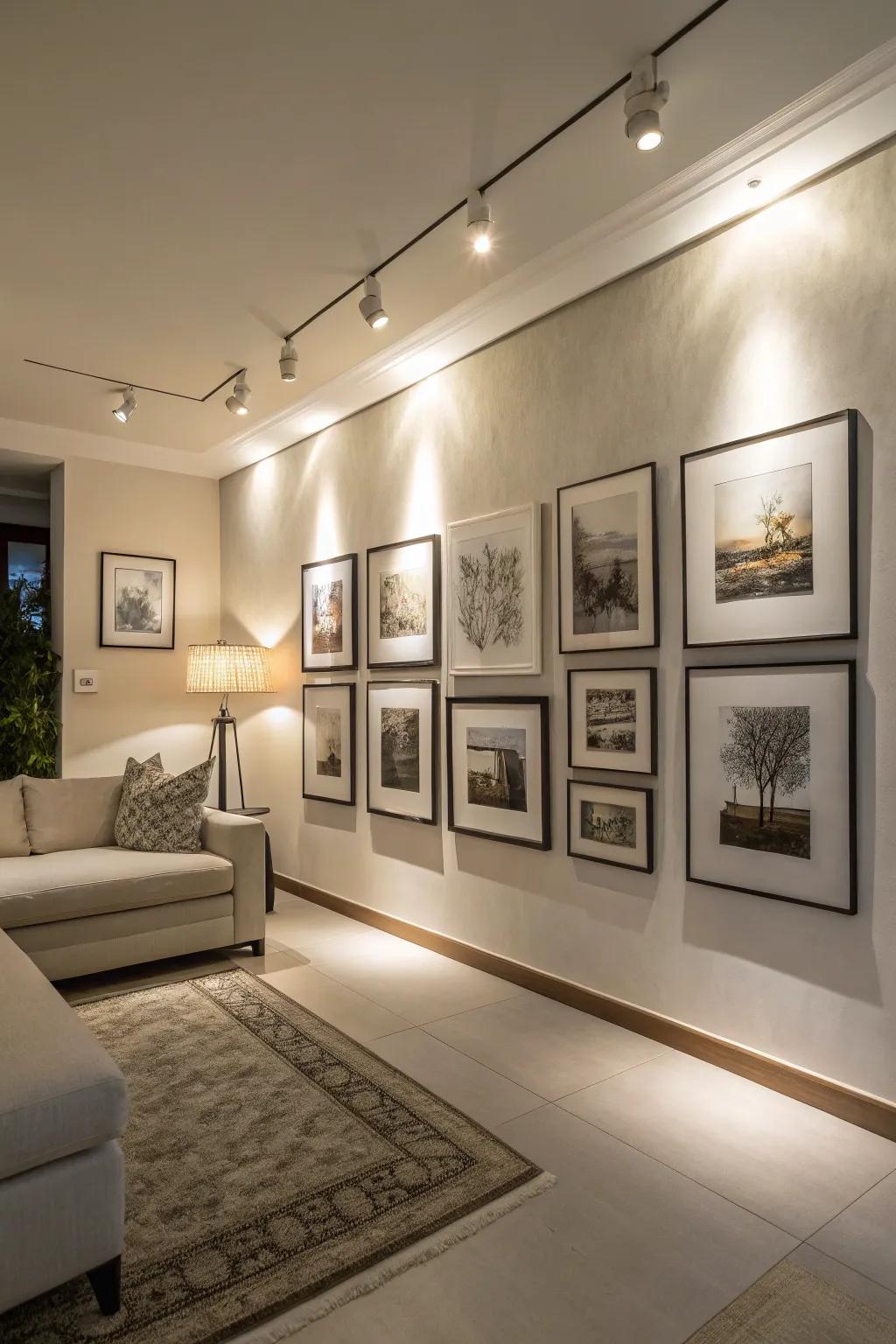 A gallery wall enhanced with strategic lighting