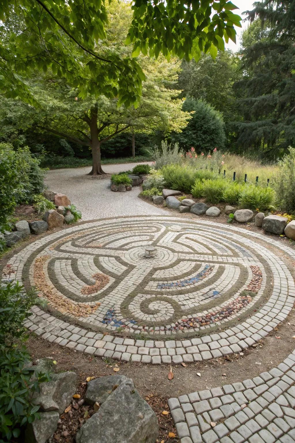 A pebble mosaic labyrinth transforms paths into artistic tapestries.