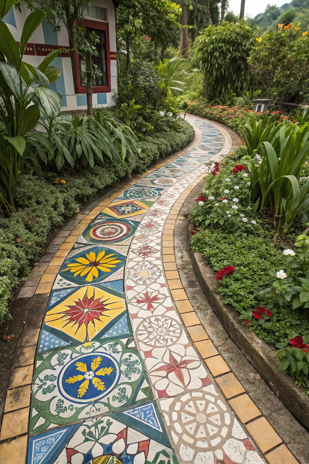 Mosaic tile routes add color and artistry to gardens.