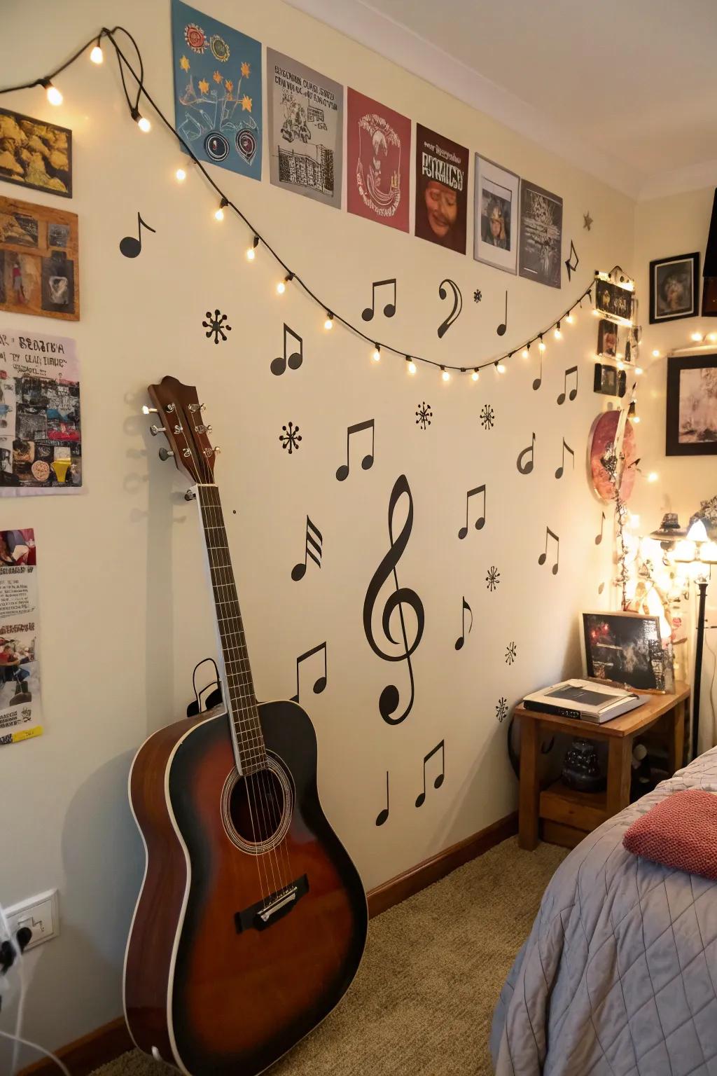 Musical decals add harmony to this music lover's bedroom.