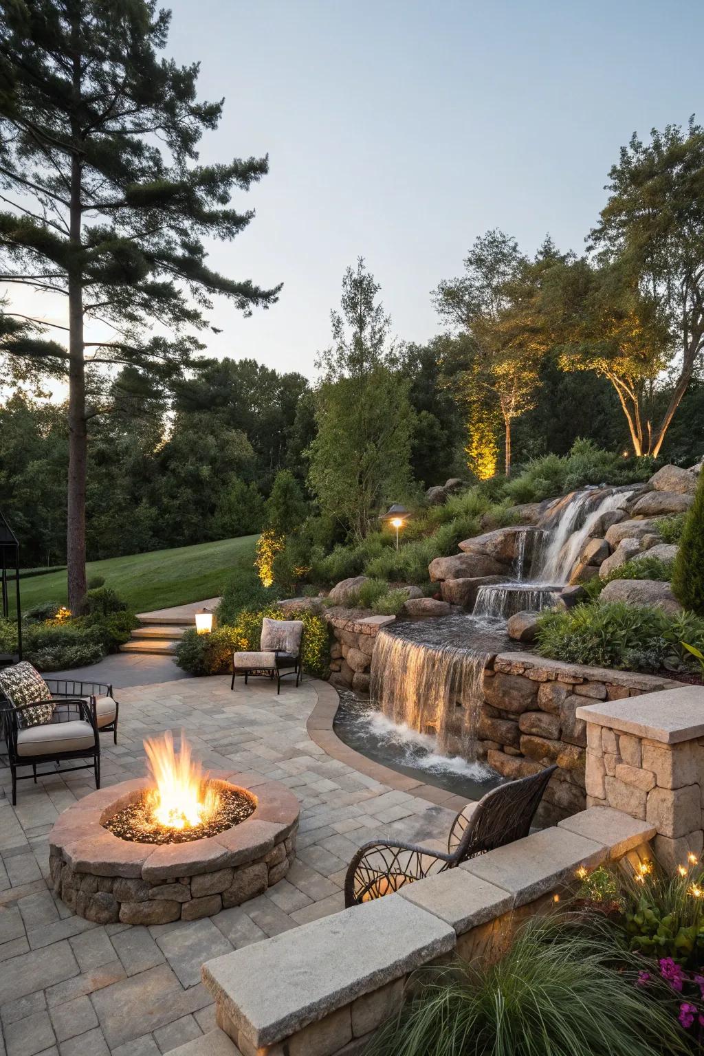 A fire and water feature offers a captivating garden centerpiece.