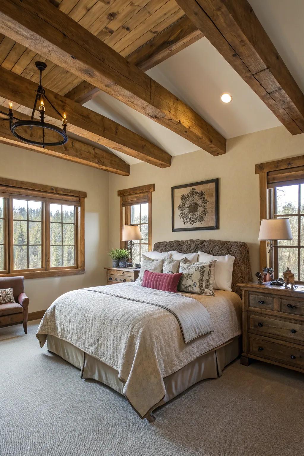 Wooden elements evoke the rustic charm of a western cabin.