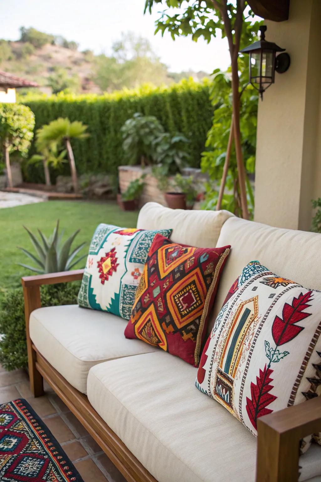 Throw pillows add color and comfort to patio seating.