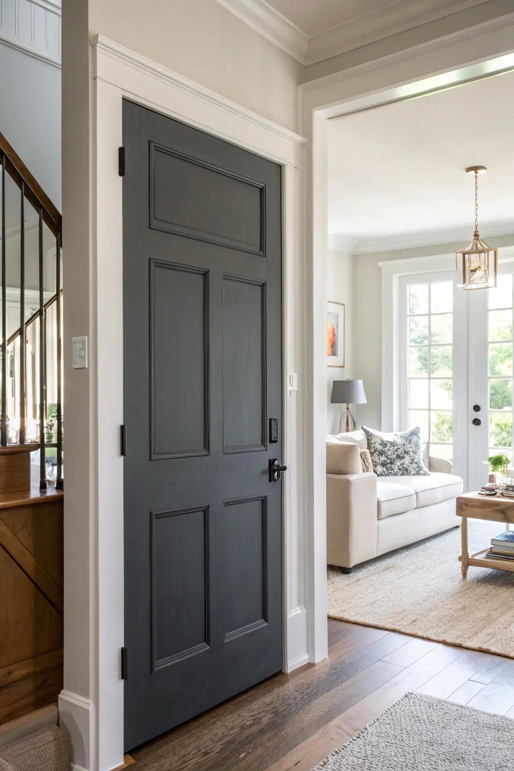 Charcoal gray doors add a chic modern contrast.