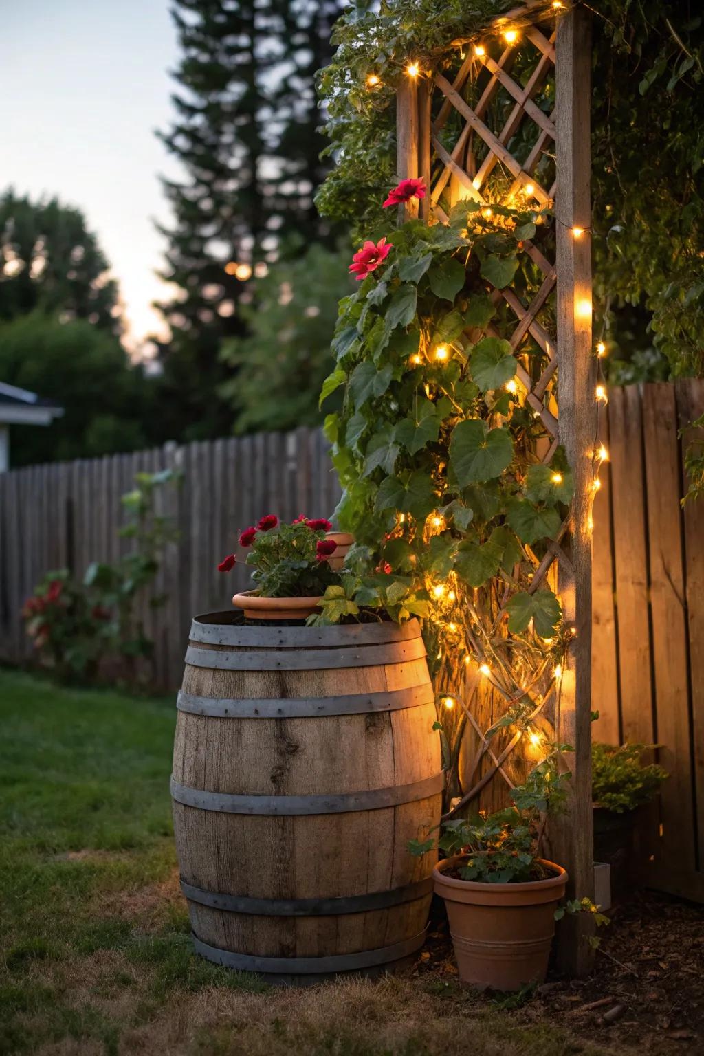 A lattice tower with shining lights forming a lit botanical space feature.