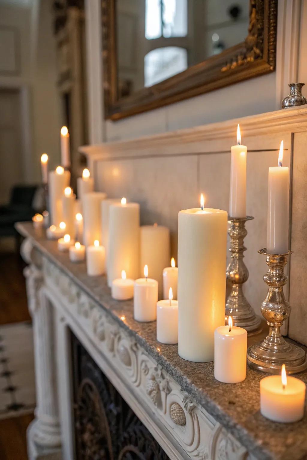 White candles provide a serene and warm glow to your holiday atmosphere.