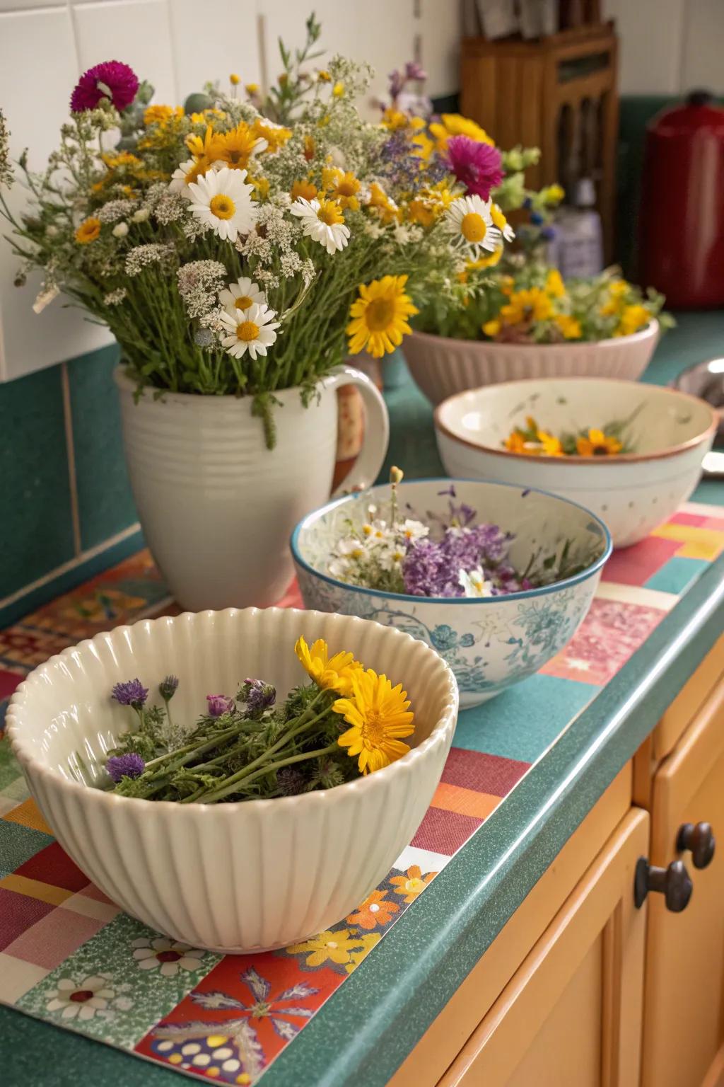 Eclectic ceramic bowls filled with wildflowers create a playful display.