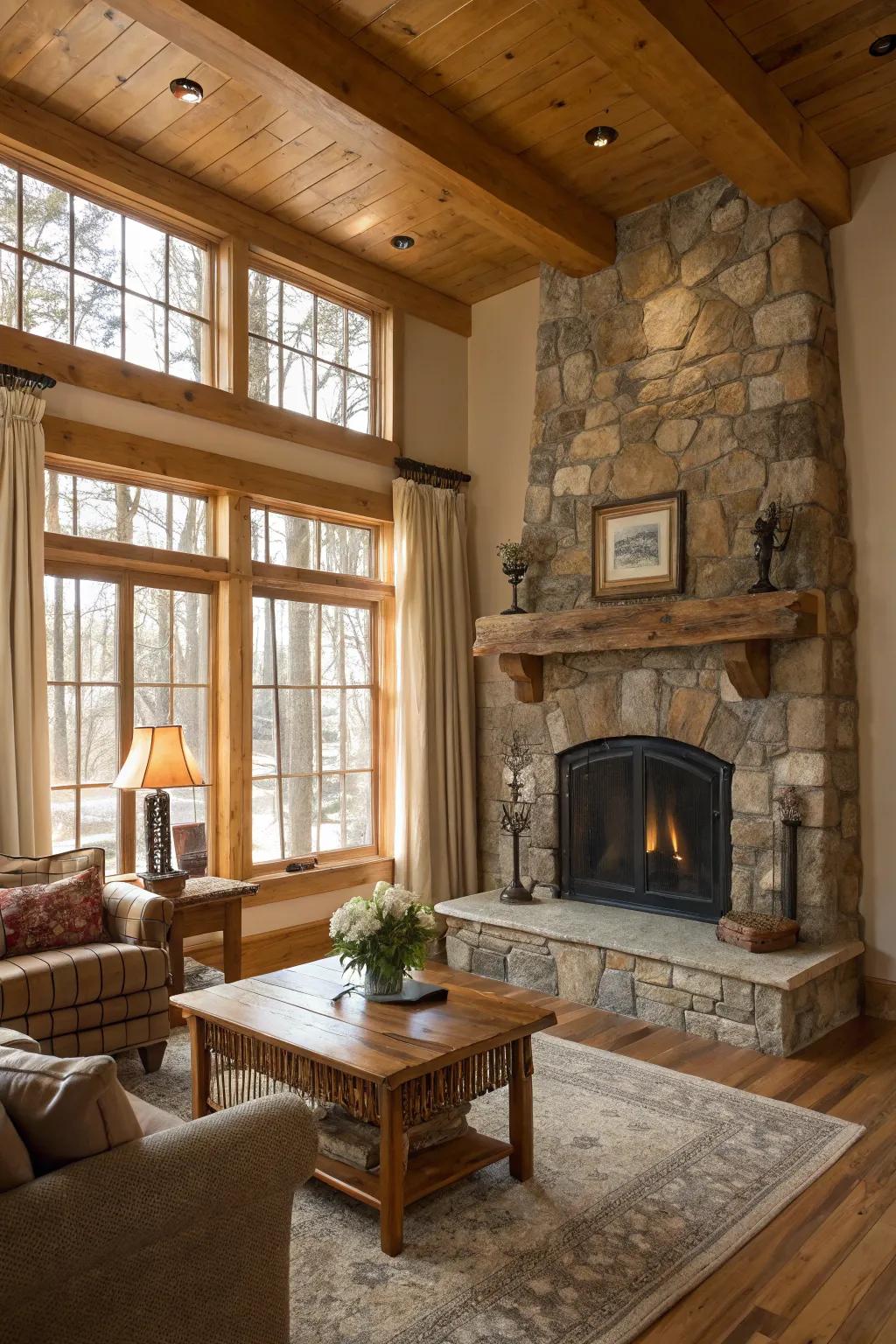 Natural wood trim enhances rustic charm in a living room.