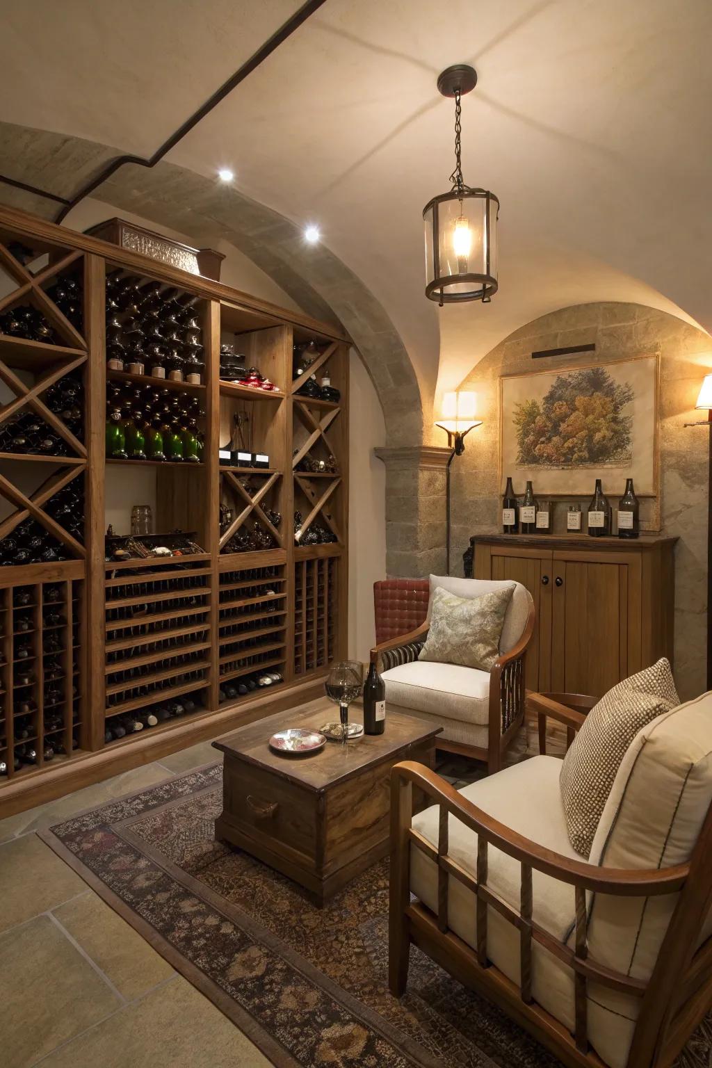 A comfortable seating area with soft lighting for relaxed wine enjoyment.