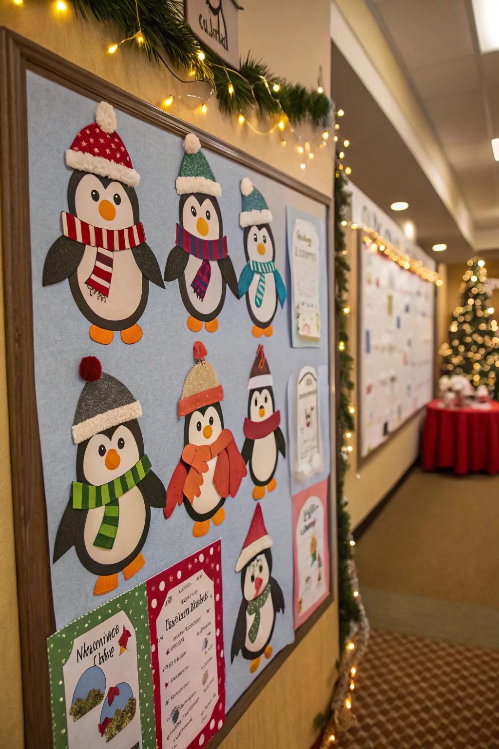 A procession of penguins introduces a whimsical charm to the classroom bulletin board.