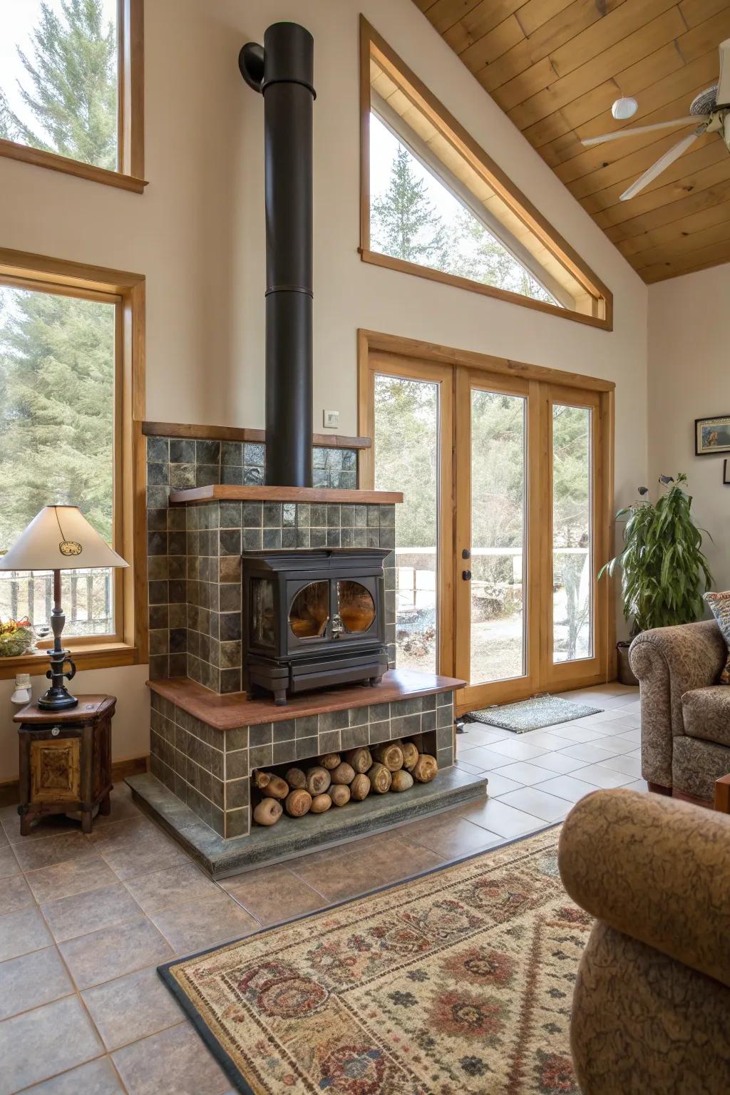 Seamless integration with room colors creates a cohesive wood stove area.