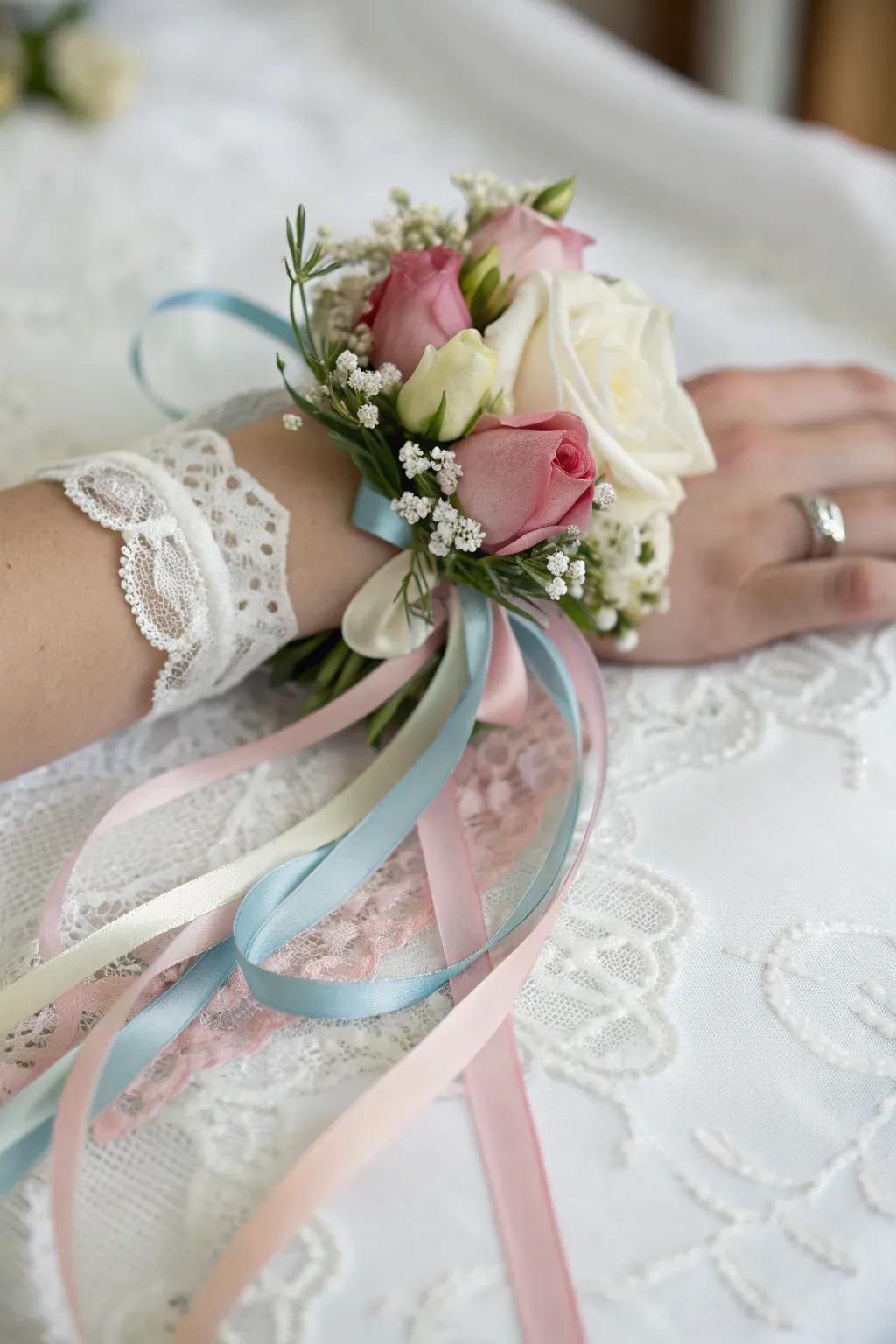 Playful wrist adornment featuring playful ribbon ties.