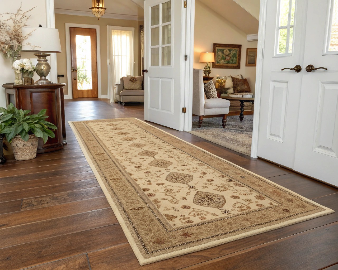 Area rugs are a simple yet effective way to differentiate an entryway in a direct-access living room.