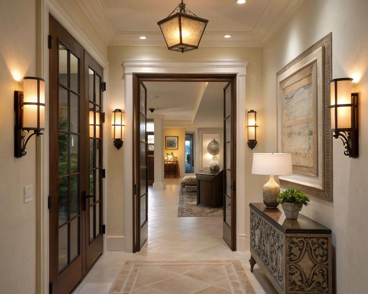 Statement lighting can subtly signal the transition from entry to living space.