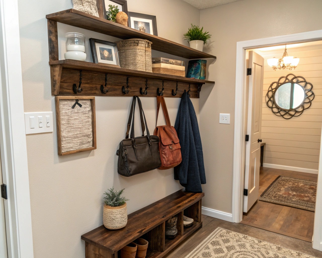 Vertical storage solutions optimize space and add functionality to compact entryways.
