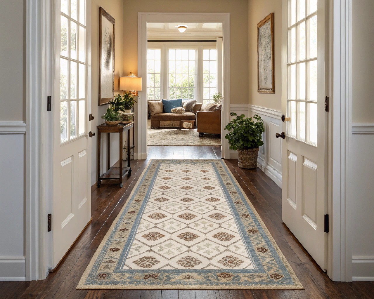Visual elements like distinct flooring can help guide movement in challenging multi-doorway spaces.